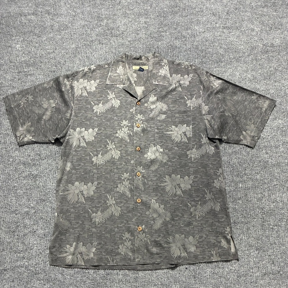 Tommy Bahama Mens Button Up Shirt M Gray Floral Hawaiian Silk Short Sleeve